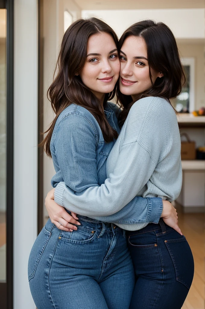 two women hugging, woman holding another woman, Portrait of women hugging, hugging each other, embrace, two beautiful women, Hugging, two girls, ( ( emma lindstrom ) ), holding each other, Hugs and cradling, Two women, happy, smile, detailed eyes, detailed hands, wearing sweaters, ((blue jeans)), both 30 years old, mature women, tall womem, different heights, thicc, wide hips, accentuate on thighs, side view