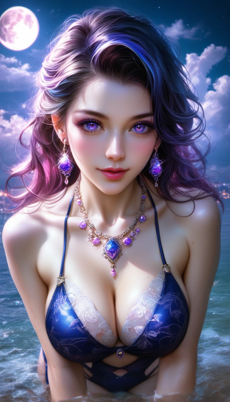 score_9, score_8_superior, score_7_superior, A masterpiece in 32K resolution,Highest quality,it is really amazing,Very detailed,Ultra-high resolution,(Ultra-realistic:1.5),(Realistic:1.5),Increased depth of field,Cinematic lighting,
Elegant adult Japanese woman,
Long black hair,Ultra-detailed and beautiful face,(Gentle expression:1.1),Translucent white skin,(Realistic skin texture:1.1),
(Sexy Swimwear:1.1),
Bold design,Artistic design,Beautiful and detailed pattern,Detailed fabric texture,
Gorgeous necklace,Earrings,
Coastline at night,(Giant Moon:1.1),(Dark clouds floating in the dark night sky:1.1),
High angle,