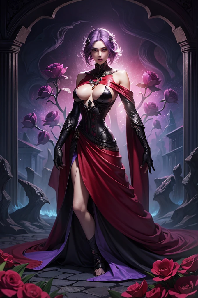 Woman body set large breasts(best quality, highres, ice skull:1.1), A girl with purple hair and a red cape, featuring a Dracula Orchid pattern. (best quality, ultra-detailed), (realistic), vibrant colors, intense lighting, lava-like texture, hauntingly beautiful composition, surreal atmosphere, contrasting dark shadows, mesmerizing glow, detailed facial features, flowing lava tendrils, fiery eyes, ethereal presence, intricate floral patterns, mysterious aura."