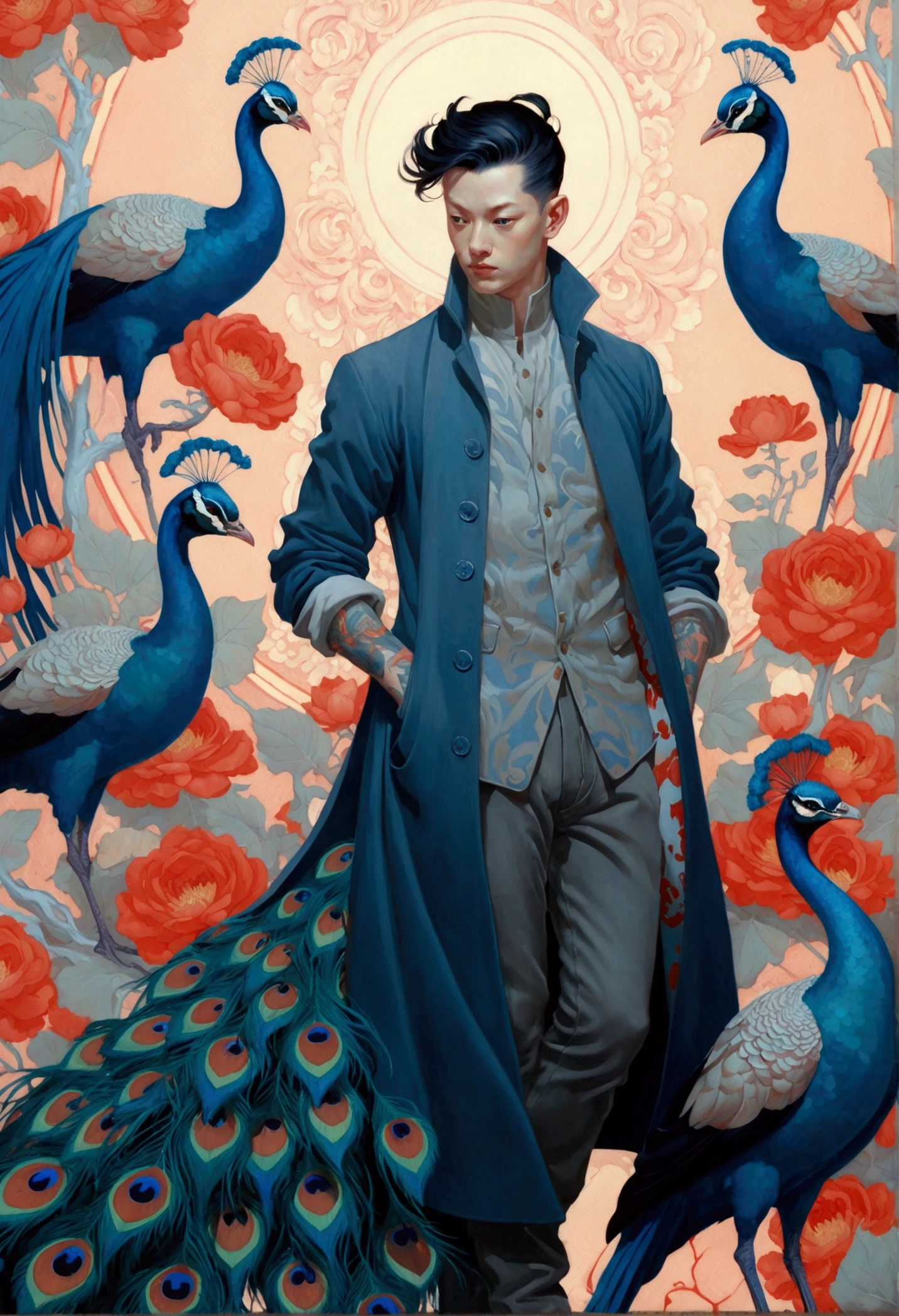 A painting by Alafid,There is a man in the painting,With a peacock's tail and eyes, James Jean style, James Jean andrei riabovitchev, James Jean and wlop, James Jean soft light 4k, James Jean soft light 4 k, James Jean marc, style of James Jean, James Jean art, James Jean artwork, James Jean ”, James Jean!