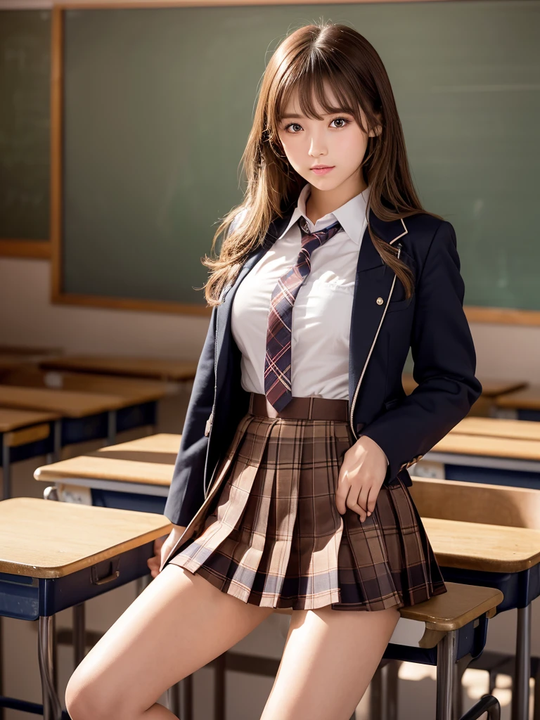 Product quality,1 girl,Cowboy Shot,Front view,Young and pretty girl in Japan,Daytime, ((High school classroom:1.2)),Schoolgirl uniform,blazer,wear,wear a super short blue plaid pleated micro mini skirt,No underwear,Very cute face,Glossy Lips,Double eyelids on both eyes,(Natural Makeup),shiny smooth light brown long hair,,,,Asymmetrical bangs,Center image,8k resolution,Attention to detail,Detailed hairstyle,Detailed face,Cinema Lighting,Octane Rendering,Ultra-realistic,Perfect limbs,Beautiful feet,Voluptuous thighs,Huge breasts,Perfect Anatomy,Spread your legs,((Provocative dynamic pose)),Skirt flip, A note about prices,(Spread:1.5)