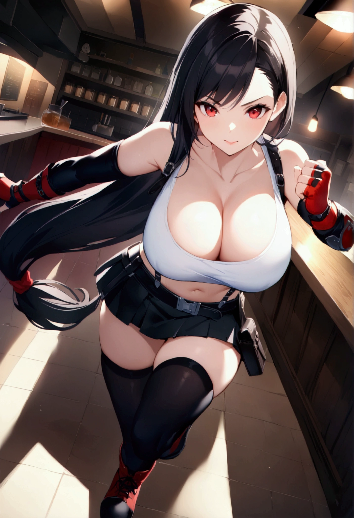 (score_9, score_8_up, score_7_up), BREAK  (masterpeace),(best quality),(aesthetic,very aesthetic),(highly detailed),1girl, tifa lockhart, final fantasy,(beautiful). black hair, low-tied long hair, red eyes, bangs, white tank top, belt, pleated skirt, thighhighs, elbow fingerless gloves, elbow pads, midriff, navel,suspender skirt.zettai ryouiki,(big_breasts),Solo,upperbody,looking at viewer,  vibrant, joyful,cafe and bar,,Showcasing cleavage ,counter,,fullbody,dynamic angle,fighting stance,professional lighting,cinematic lighting,