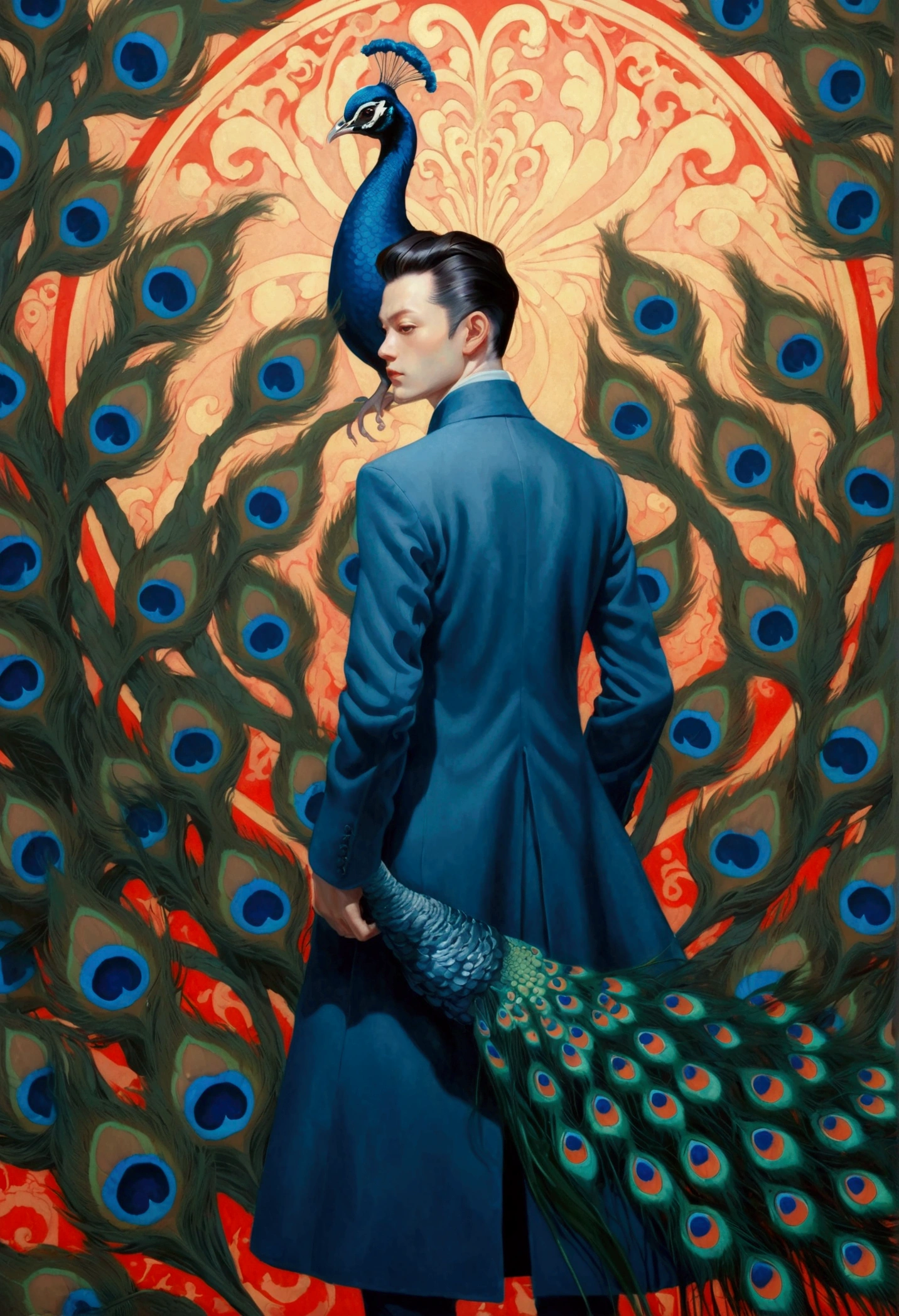 A painting by Alafid,There is a man in the painting,With a peacock's tail and eyes, Surrealism inspired by James Jean, Popular on artstation, Pop surrealism, james gien style, James Jean Andre Ryabovich, james jean 和 wlop, James Jean Soft Light 4K, james jean soft light 4k, james jean marc, style of james jean