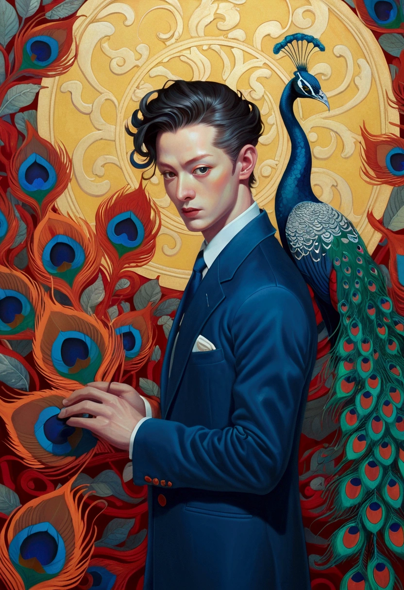 A painting by Alafid，There is a man in the painting，With a peacock&#39;s tail and eyes, Surrealism inspired by James Jean, Popular on artstation, Pop surrealism, james gien style, James Jean Andre Ryabovich, james jean 和 wlop, James Jean Soft Light 4K, james jean soft light 4k, james jean marc, style of james jean