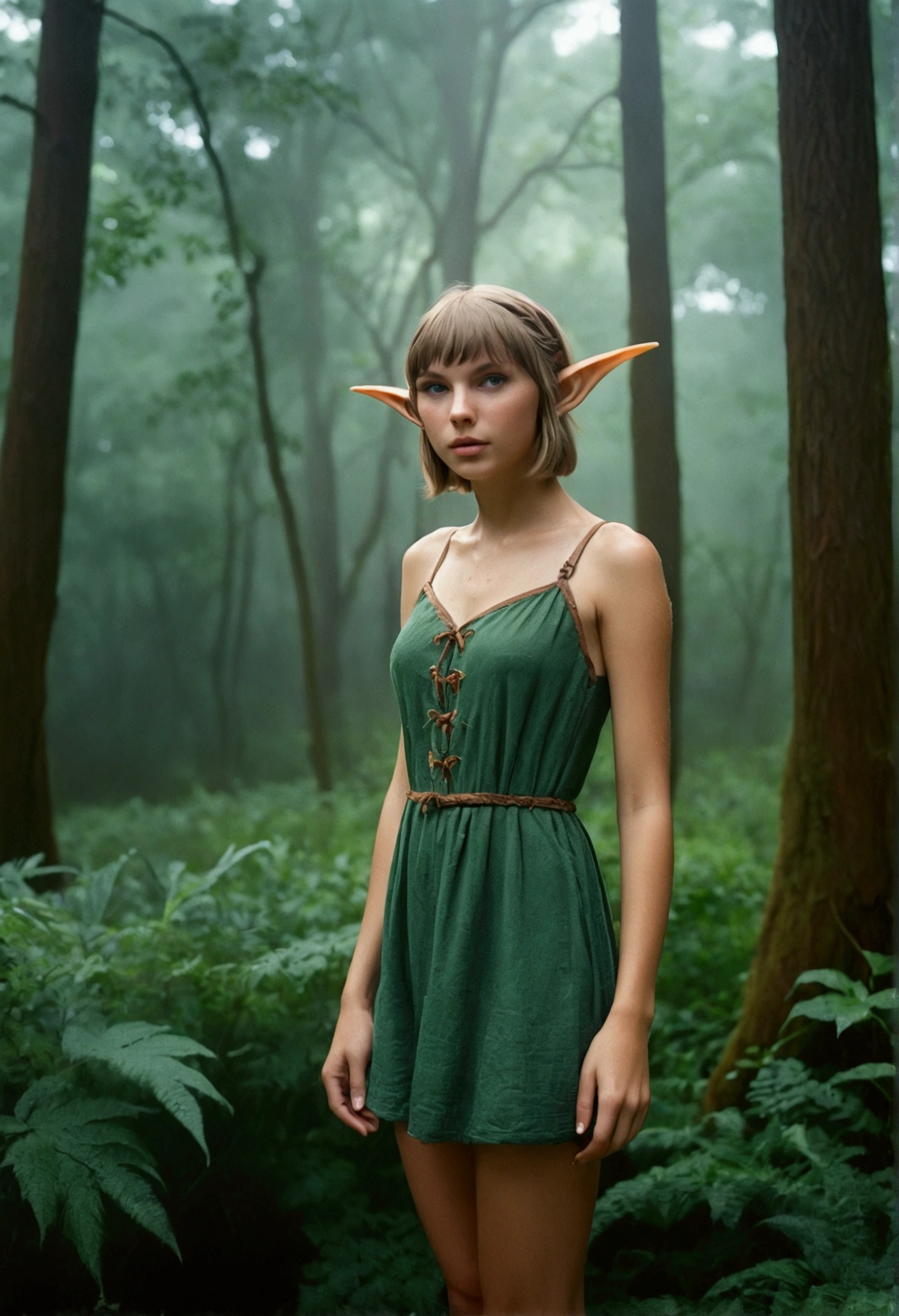 analog film photo, photo of a young elf girl, 18 years-old, elf, elf ears, long pointy ears, shaggy bob cut, sun-tanned complexion, pretty, natural beauty, tall, full hourglass figure, long legs, thick thighs, big butt, wearing a linen mini-dress, posing in a mystic forest, early morning, rainy weather, rainy, damp clothes, resembles Gwen Stacy, RAW Photograph, dslr, soft lighting, high quality, film grain, Fujifilm XT3, detailed skin with visible pores, insane details, masterpiece, 8k, 35mm photograph, dslr, kodachrome, faded film, desaturated, grainy, vintage, Lomography, stained, highly detailed, found footage, close-up shot, elven ears