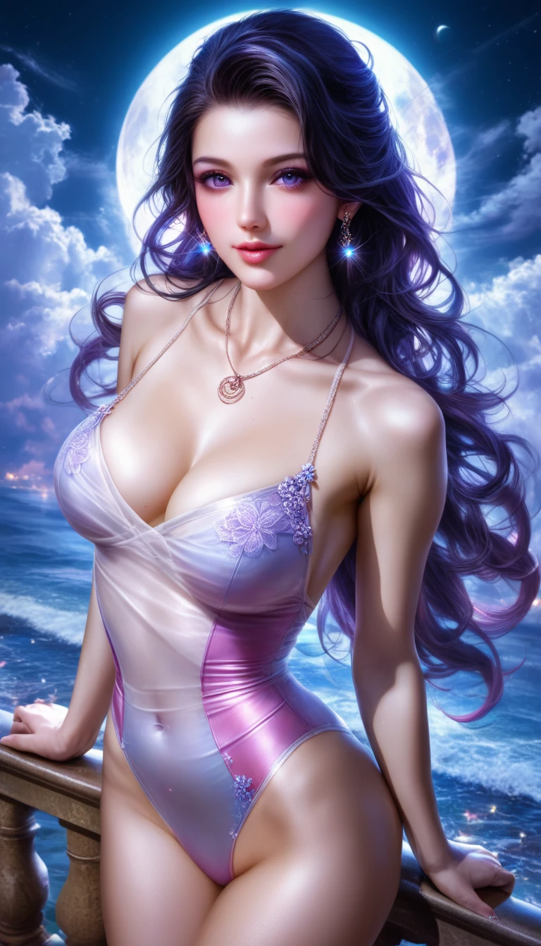 score_9, score_8_superior, score_7_superior, A masterpiece in 32K resolution,Highest quality,it is really amazing,Very detailed,Ultra-high resolution,(Ultra-realistic:1.5),(Realistic:1.5),Increased depth of field,Cinematic lighting,
Elegant adult Japanese woman,
Long black hair,Ultra-detailed and beautiful face,(Gentle expression:1.1),Translucent white skin,(Realistic skin texture:1.1),
(Sexy Swimwear:1.1),
Bold design,Artistic design,Beautiful and detailed pattern,Detailed fabric texture,
Gorgeous necklace,Earrings,
Coastline at night,(Giant Moon:1.1),(Dark clouds floating in the dark night sky:1.1),
High angle,