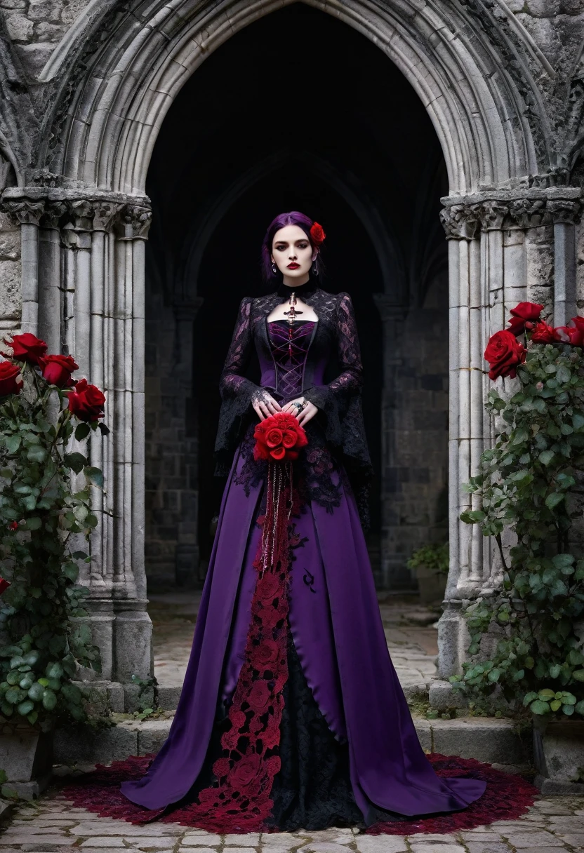 gothic cathedral，(Rose:1.5)，cross，vampire，bright，magma，Flame，（Purple flame：1.3），Gothic aesthetic，Rose、castle、cross、blood、church cemetery，The mystery of gothic style、solemn and profound，gothic style，gothic style lace clothes、Rose symbolizes romance、Series of gothic symbols,Rose garden