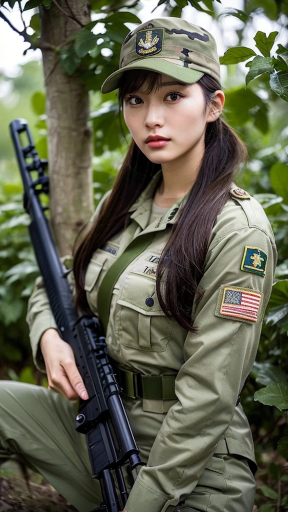 A woman in military uniform and holding a rifle sits on a tree, soldier girl, forest hunter woman, infantry girl, sniper girl in war, military girl, nice jungle ranger, with rifle, beautiful female soldier, mechanized soldier girl, realistic soldiers, rest after a difficult mission, soldier, militaristic!!!, Quieter than Metal Gear Solid, ready for battle