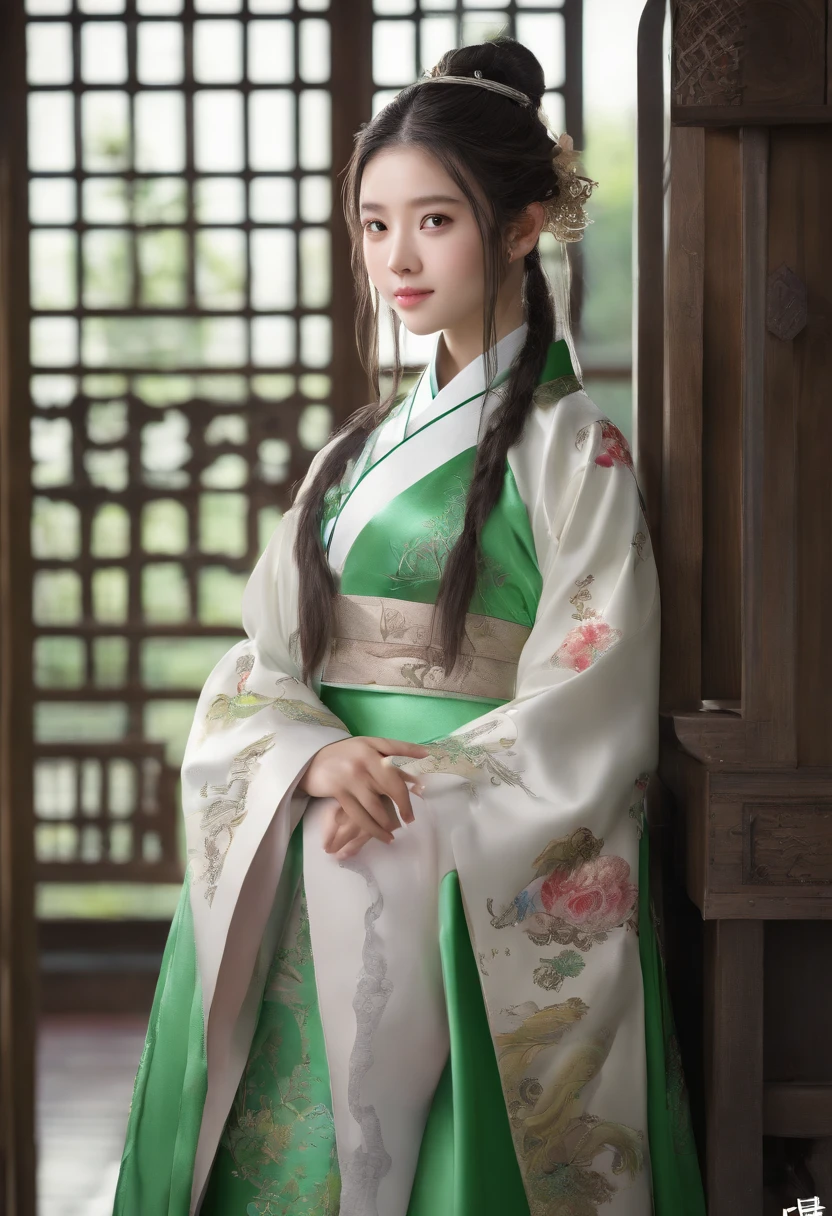 best quality,masterpiece,Ultra-high resolution,(photoactual:1.4),Chinese animation,Antique study room,a beautiful,Elegant,,Wise Girl,Bright eyes,Long hair in a single ponytail(green),Wearing Confucian robes,holding book in hand