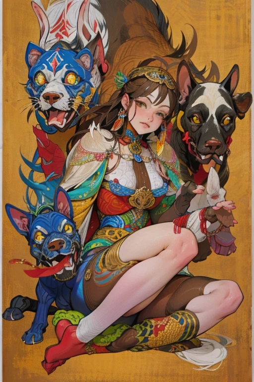 (masterpiece: 1.2, Highest quality),Goddess sitting on a dog、surrounded by dogs on all sides、Guardian of Dogs