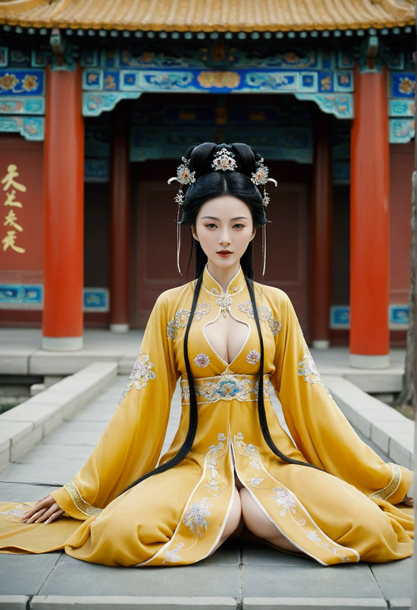 A naked empress of the Chinese imperial court during the Qing dynasty, posing in the palace, spreading one's legs open wide with knees bent, creating the shape of the letter M (pornographic pose). Her hair is tied up and pulled up with a gorgeous Chinese empress crown and ornament, and her profile is visible. The background is the stone pavement outside the Chinese palace during the Qing dynasty.