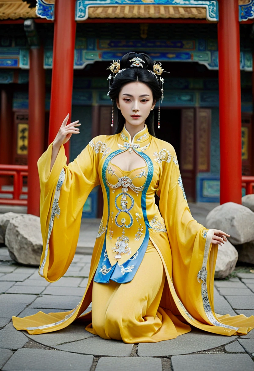 A naked empress of the Chinese imperial court during the Qing dynasty, posing in the palace, spreading one's legs open wide with knees bent, creating the shape of the letter M (pornographic pose). Her hair is tied up and pulled up with a gorgeous Chinese empress crown and ornament, and her profile is visible. The background is the stone pavement outside the Chinese palace during the Qing dynasty.