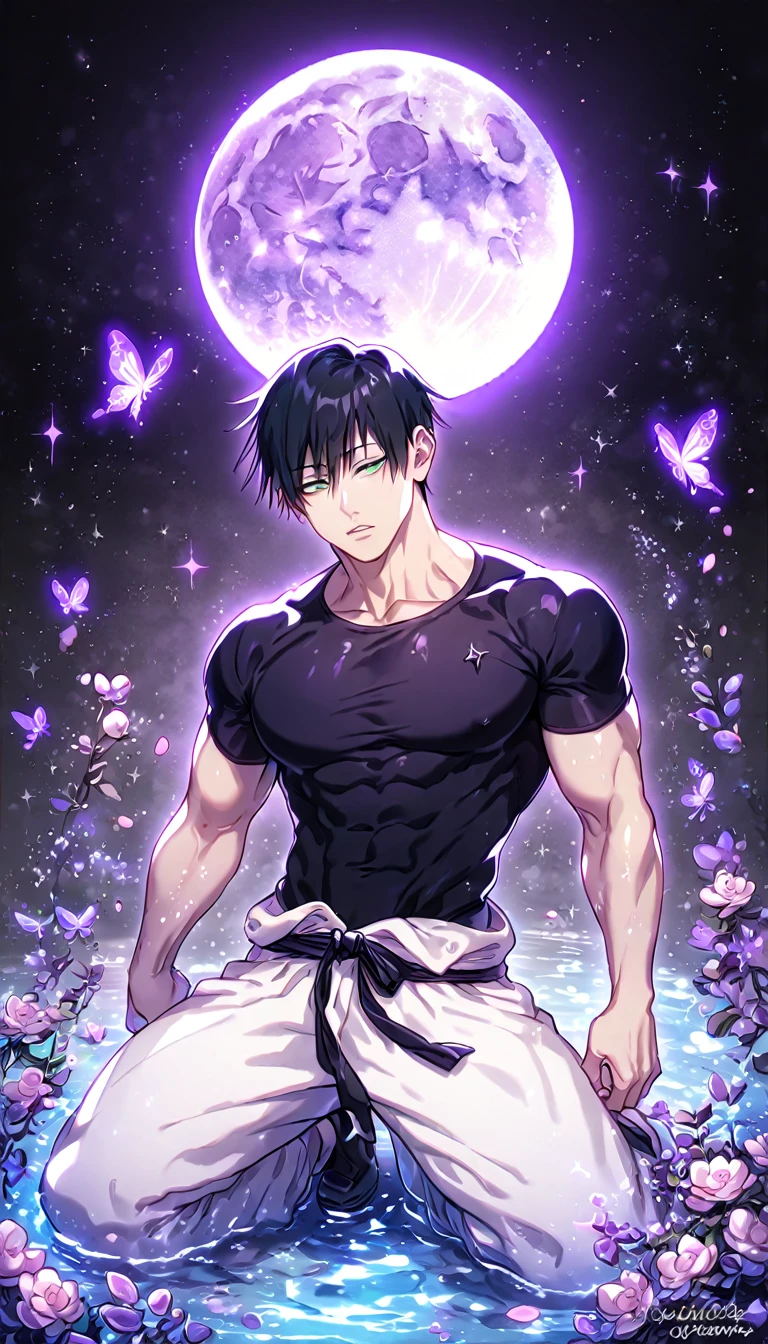 absurdres, highres, ultra detailed, HDR, master piece, best quality, Fushiguro Touji, straight black hair, expressive green eyes, Jujutsu Kaisen, solo, sexy man, handsome, sensual, horny, black tight T-shirt, white baggy pants, water, fantasy, magical, shining, purple flowers, blossoms, purple petals, purple butterflies, sparkling, purple moon, starry sky, manly man