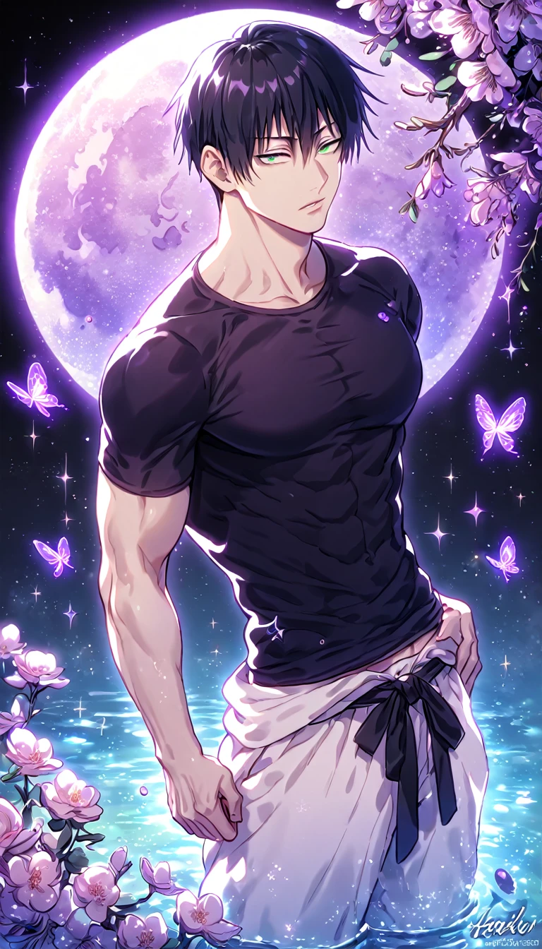 absurdres, highres, ultra detailed, HDR, master piece, best quality, Nicholas D Wolfwood, black hair, expressive gray eyes, black sunglasses, Trigun, solo, sexy man sitting, handsome, sensual, manly man, bare chest, black shorts, fantasy, magical, shining, purple flowers, blossoms, water, purple petals, purple butterflies, sparkling, purple moon, starry sky