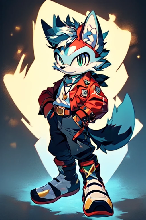 ((work of art), high qualiy, detailded) wolves, mascle, mobian, deep blue fur color, golden band across his chest and legs, emerald green eyes, red bandana on head. brawny, Athletic, sharp hairs, curved back in an elegant and imposing shape. black leather jacket with silver details and a series of golden stars on the shoulders, red running boots with gold details. arms adorned with metallic bracelets, a belt that carries a small pouch, confident stance, Determined gaze, courageous nature