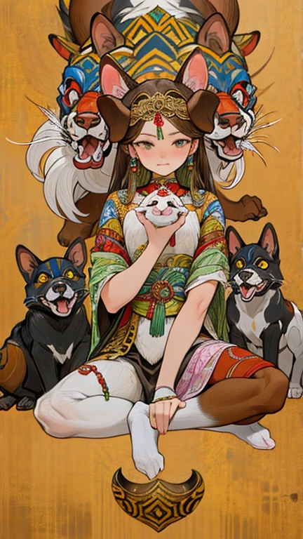 (masterpiece: 1.2, Highest quality),Goddess sitting on a dog、surrounded by dogs on all sides、Guardian of Dogs
