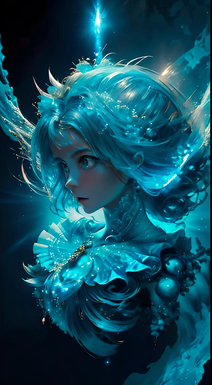 （（Highest quality））， （（masterpiece））， （（Realist））， Portraiture，One girl，Full body portrait， Celestial Bodies， god， 女god， Particles of light， Hello， Look into the viewer's eyes， Exposing shoulders， Chest tube wall， poker face，（Bioluminescence：0.9 Girls 5）Ocean， Bioluminescence， full of energy， colorful，，，， color， （Bioluminescence， Bioluminescence），（Beautiful composition）， Cinema Lighting， Wheels within wheels， （Symmetric：0.Five Girls）， Whimsical，