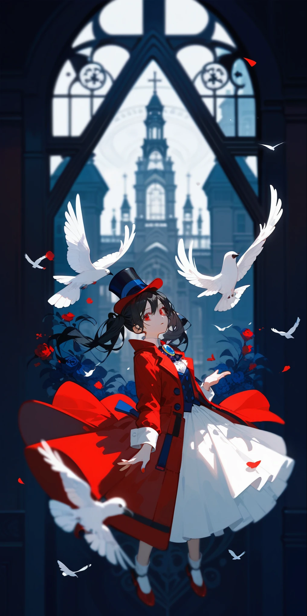1 girl,Black twin ponytails,Crimson coat,Top hat,,Black hair,Blue brooch,Gothic architecture background,White style,Colonnades,Foreground windows,Blurred foreground,flower,Beautiful light and shadow,Flying white doves