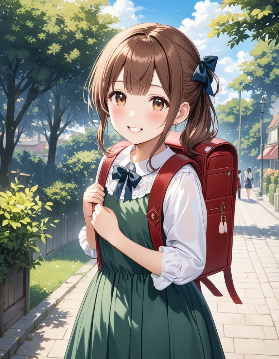 Masterpiece, hd, 1girl, brown hair, ponytail, hair ribbon, wearing cute dress, frilled dress,  dress, bowtie, standing, outdoor, smile, wearing randoseru backpack,(backpack:1.2)