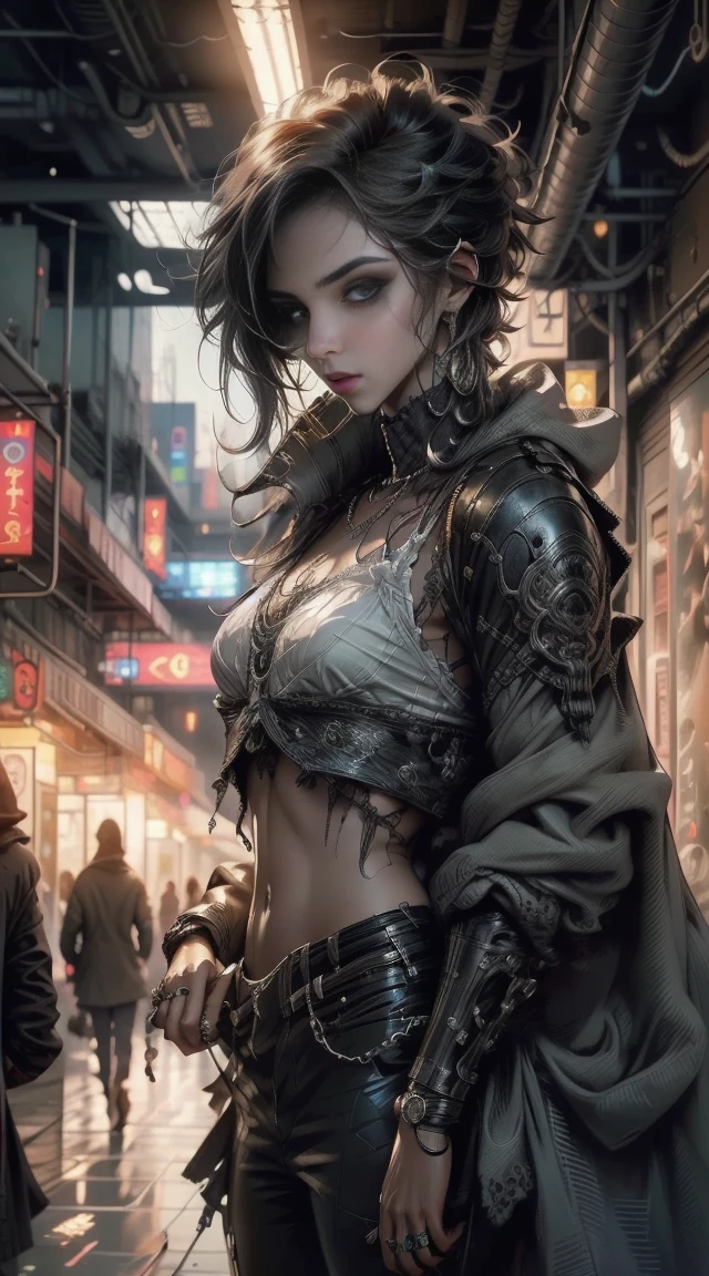 full body, Brave wasteland punks fight hand in hand in a wasteland full of traps。The camera zooms in on the woman,Wet top,The chest contour is pronounced,Firm nipples,Capture her determination。The young woman had a protective expression on her face,Wear makeshift armor and patch clothing。As the zoom progresses,The focus shifts to her hand,Textures of wear and weathering symbolize her journey and the hardships she endured are highlighted。This message is realized in the mixed media sculpture style,Combining elements of metalwork and textile art,Represents the character and its resilience in three dimension, nsfw:1.1, exposed breast, boobs, (europian face), expsed flesh, exposed navel