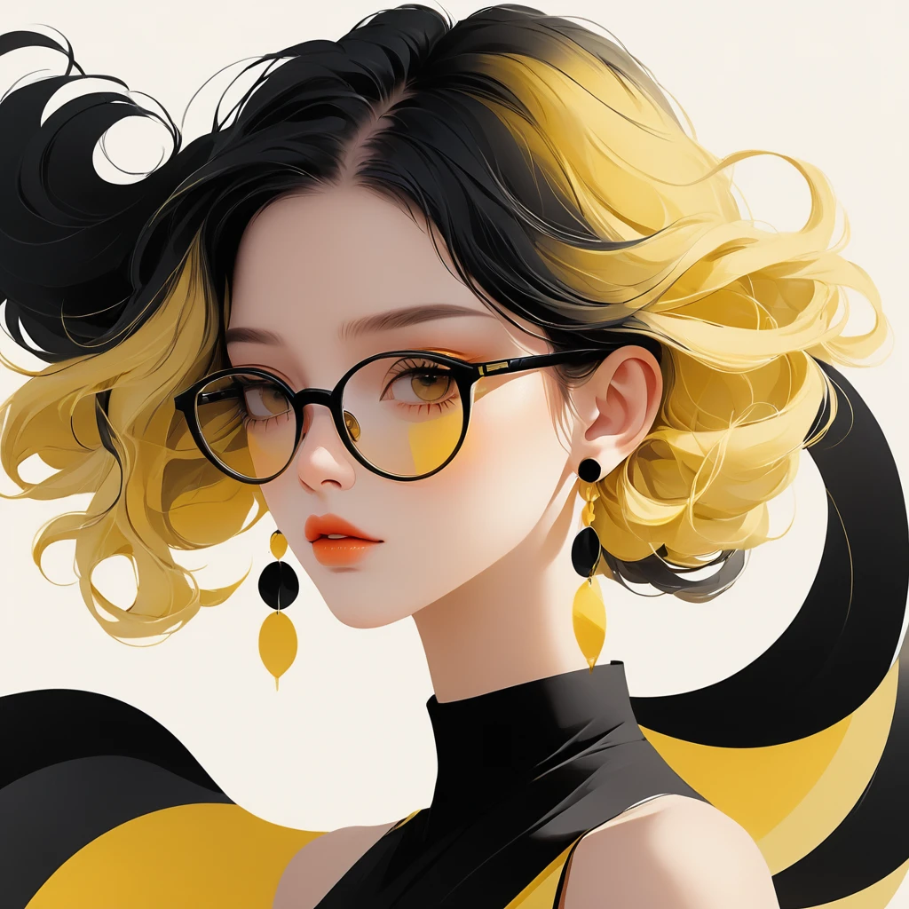 Vector,flat style,illustration,digital art illustration,1 girl,unique,beautiful face,wear earrings,portrait,Shoulder,artistic conception,abstract,Her hair is long with yellow and black highlights,wear glasses,black and yellow hair
