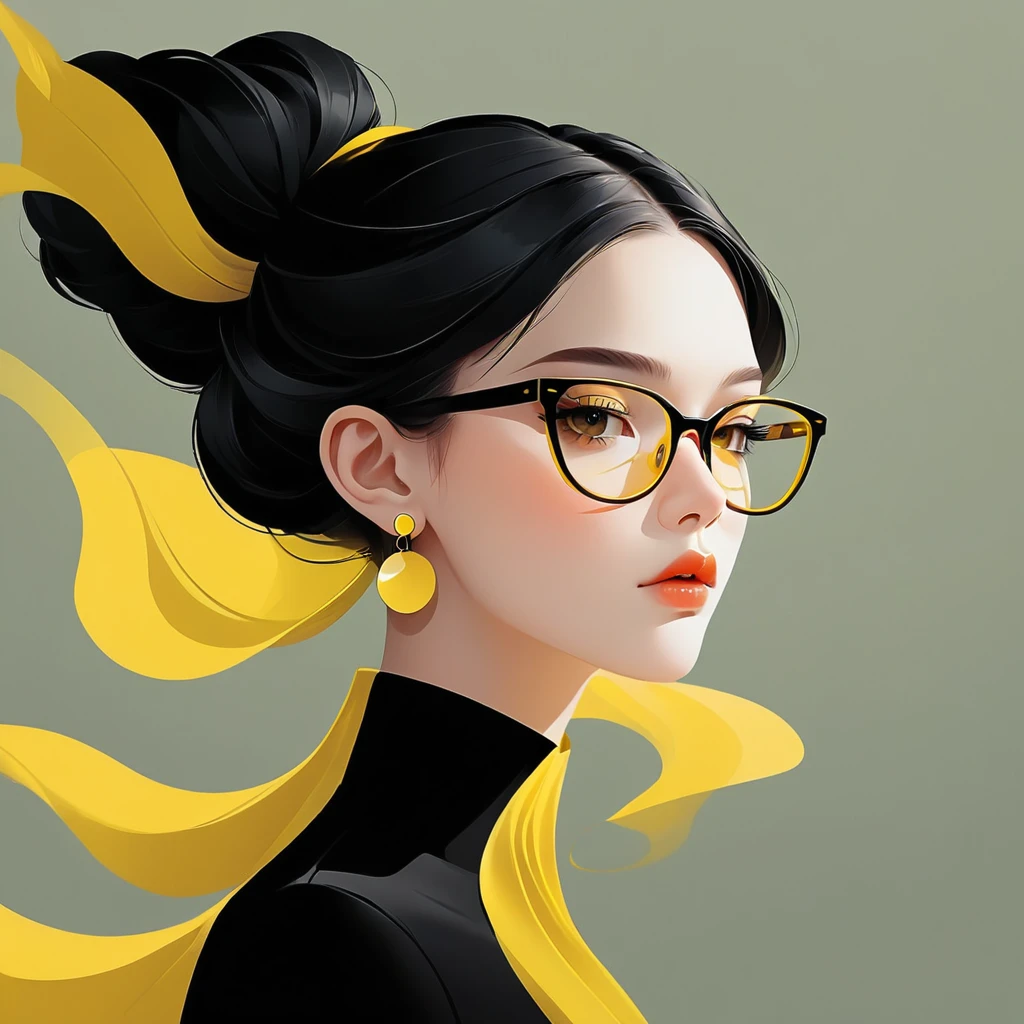 Vector,flat style,illustration,digital art illustration,1 girl,unique,beautiful face,wear earrings,portrait,Shoulder,artistic conception,abstract,Her hair is long with yellow and black highlights,wear glasses,black and yellow hair