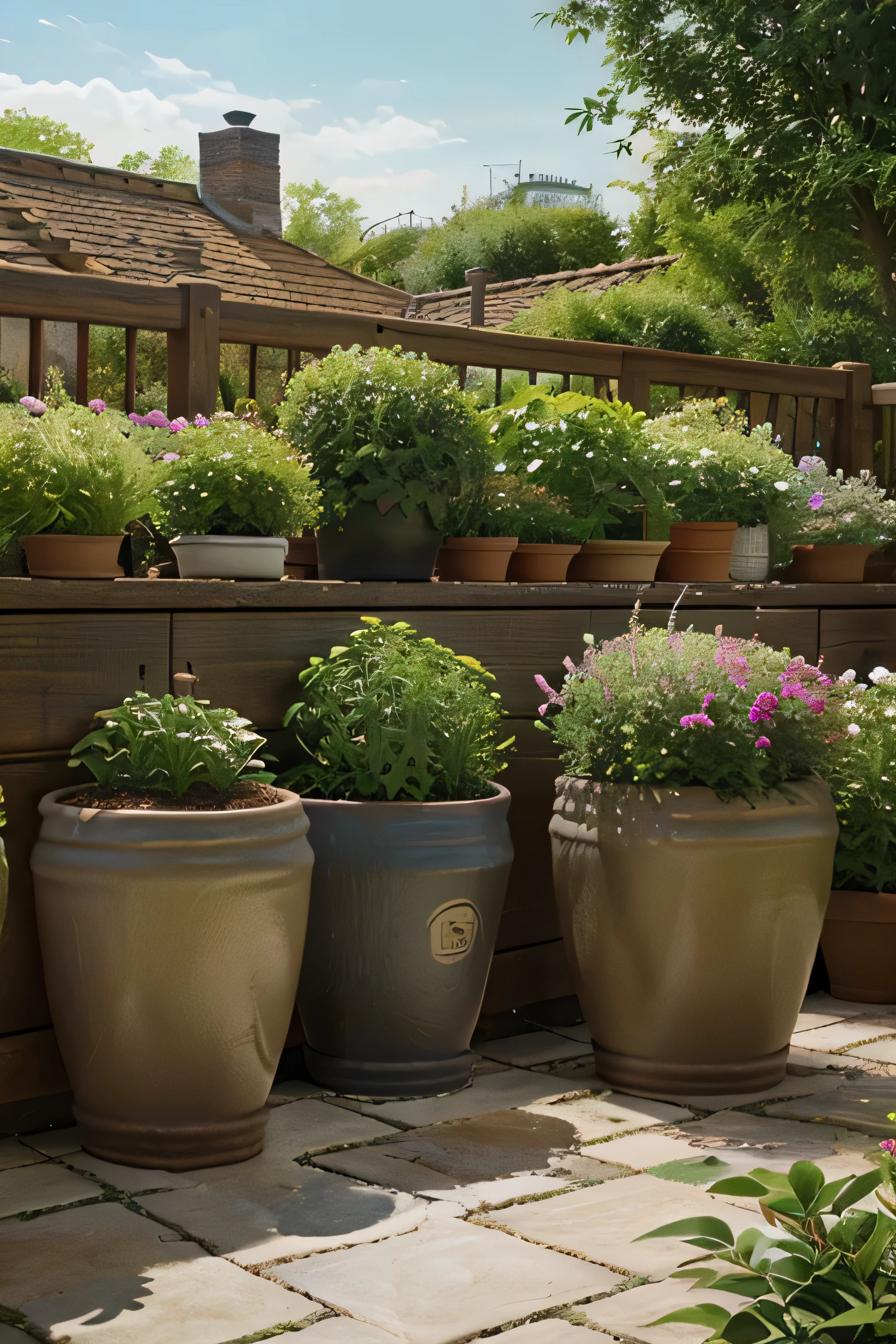 image with a realistic style that reflects everything related to landscaping and gardening and other products such as pots, gardening set etc for plant lovers of different ages. panoramic image