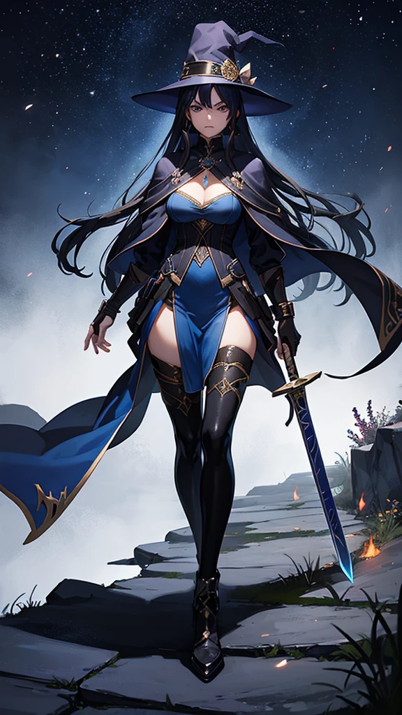 Woman, mage, long dark blue hair, badass magician clothes, arcanist, mage black hat, sword, midnight blue hot dress