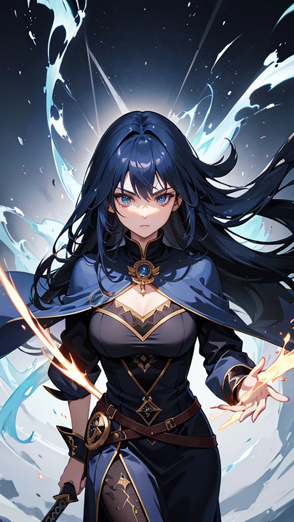 Woman, mage, long dark blue hair, badass magician clothes, arcanist, mage black hat, sword, midnight blue hot dress
