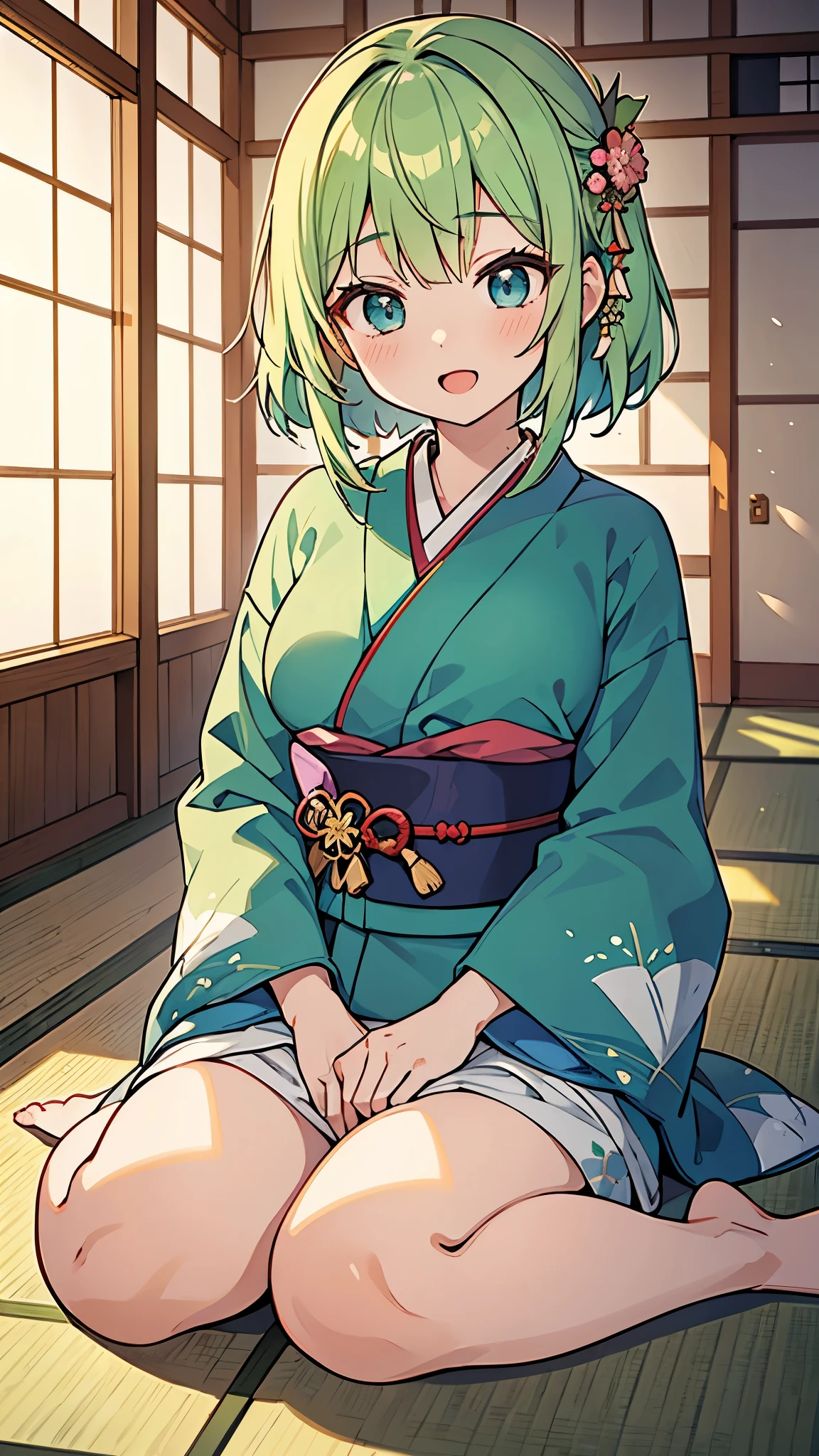 ((A Pretty girl with green hair and blue eyes sitting on tatami)), seiza, Japanese sitting posture, ((wearing the Japanese kimono)), Baby face, ((top-quality, master piece, ultra-definition, high resolution)), anime girl, ((ultra-detailed illust:1.2)), only one person, bangs, hair between eye, beautiful hair, Beautiful eyes, medium breasts, Big smile, opened mouth, in the Japanese tea‐ceremony room, The sunlight shines softly into the room
