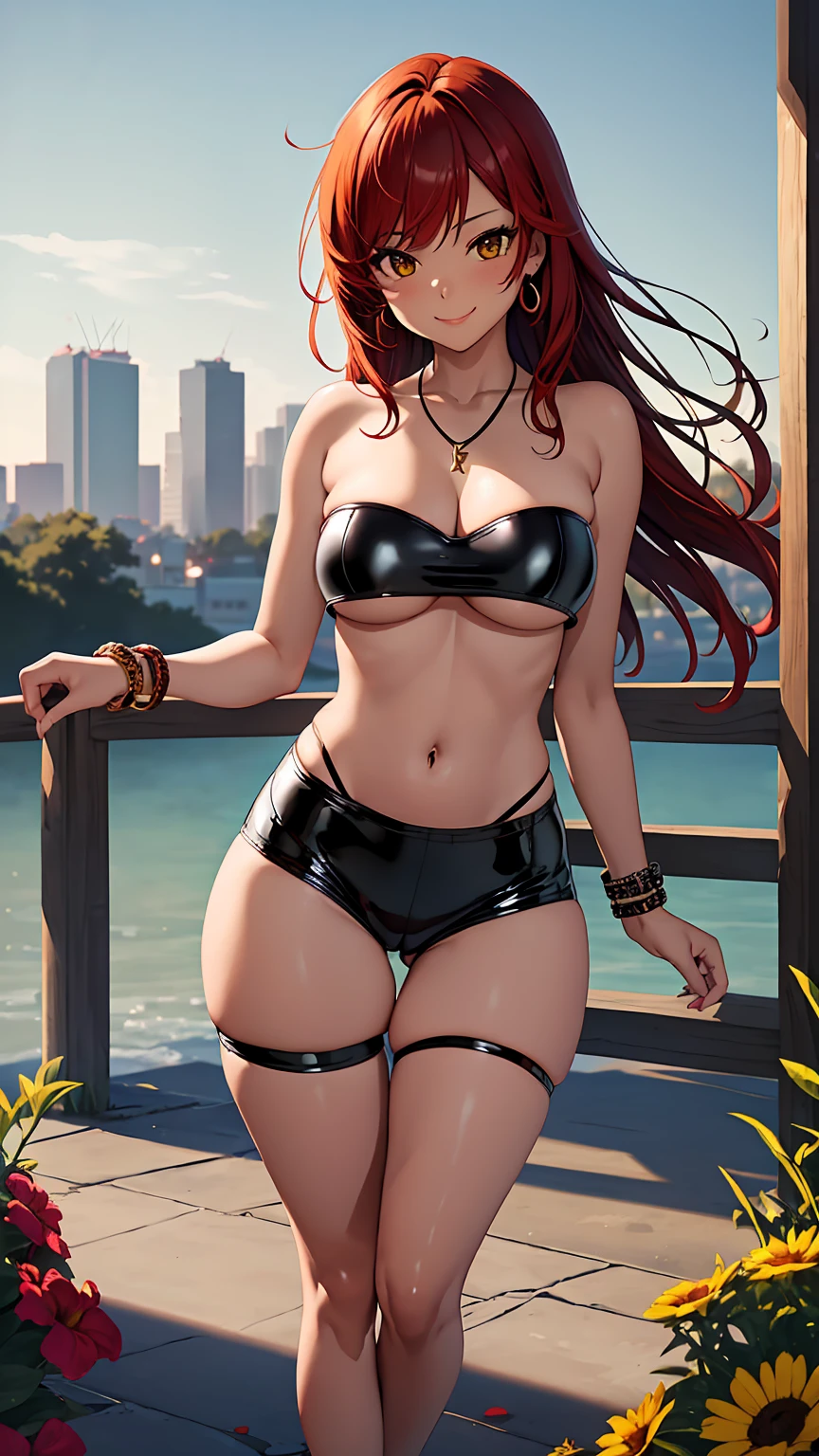 1girl, anime girl, anime, (dark skin), bracelet, necklace, earrings, 2d girl, 18y, (fullbody), standing, anime girl, seductive smile, (red hair), flowing hair, hair flowing in the wind, ((black latex,tube top,strapless)), ((underboob view)), cleavage, Solo, Slim, Big Breasts, Tight Shorts, low waist shorts, upshorts, outdoors, night background, flowers, looking at viewer, darker shadows, (((Wedgie))), (((explicit))), (((latex, black latex shorts, shorts, latex shorts))), (((absurdres))), (((thigh gap))), (((cameltoe))), (((lowleg shorts))), (((sexy))), (((sensual))), (((Detailed description vagina))), (Raise one leg wide), (((Tube Top))), (((Strapless)))