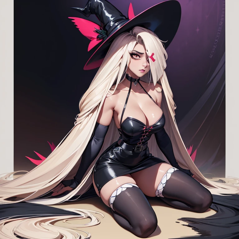 vaggie, (((an x in the eye))) ((gray skin))((corps entier 5.5, plan large 2.5)), from behind、from behind、on all fours,(masterpiece, best quality:1.4), absurdres, highres, ultra detailed, beautiful, (witch), (perfect face, detailed face, beautiful:1.3),(natural breasts, cleavage), collarbone, fingerless gloves, gloves,spaghetti strap top, black pencil skirt, tight, over the knee skirt, hat, elegant witch outfit, thighhighs, thick thighs, thighs, multiple belts, More detailed 8K.motor irreal:1.4,UHD,La mejor calidad:1.4, fotorrealista:1.4, textura de la piel:1.4, obra maestra:1.8,obra-prima, mejor calidad,objeto Objeto], (detailed face features:1.3),(manos detailed)