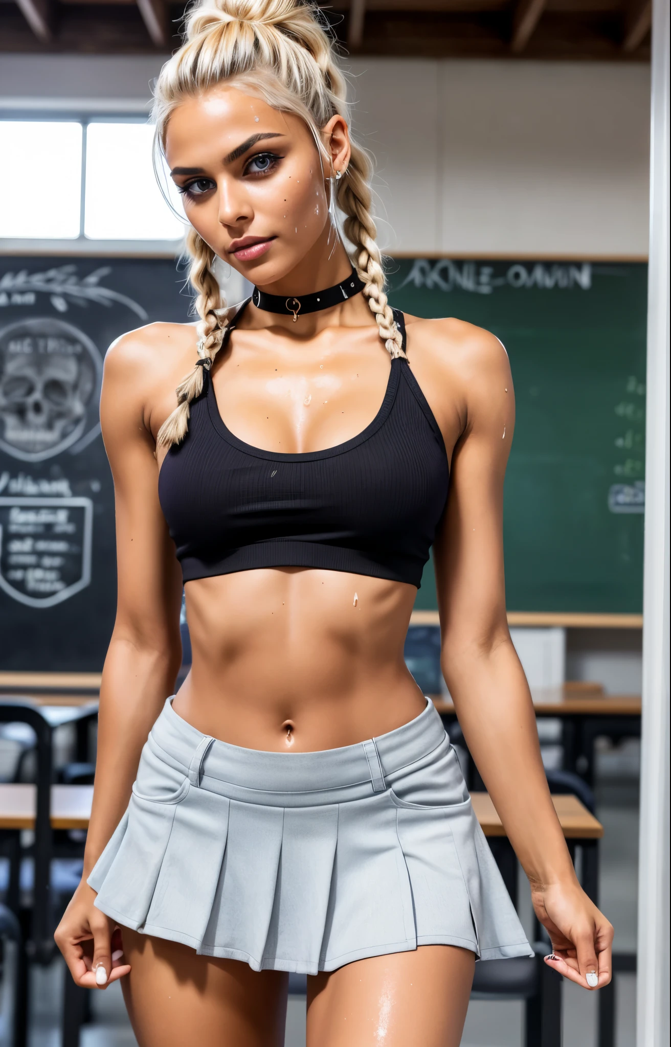 blonde woman, haircut with two long mohawk braids, mohawk, uses two braids, he is 19 years old, brown tanned skin, she is a very beautiful woman, too tanned, europea, perfect features, symmetrical face, purple eyes, very narrow waist, very slim and toned body, symmetrical body, 8K quality photo, shows her belly, suggestive lips, mischievous look, big breasts, slim and toned legs, HdR, real photography, Professional photography, her skin is beautiful, full and suggestive lips, pink lips, She is an extremely beautiful woman that you can stop looking at, she is the most beautiful woman in the world, his skin is sweaty, very sweaty skin, facing the camera, (sexy schoolgirl skirt), (skull drawing top), very wet skin, extremely sexy, wet clothes, wet clothes, wet chest ,wet clothes, very wet face, drops of sweat en la cara, saliva on the face, saliva on chin, wet skin, in a classroom, background blackboard, american plane photography, smudged mascara, (mascara tears), mascara tears negro, very wet face, sweat on the face, drops of sweat, smudged eye makeup