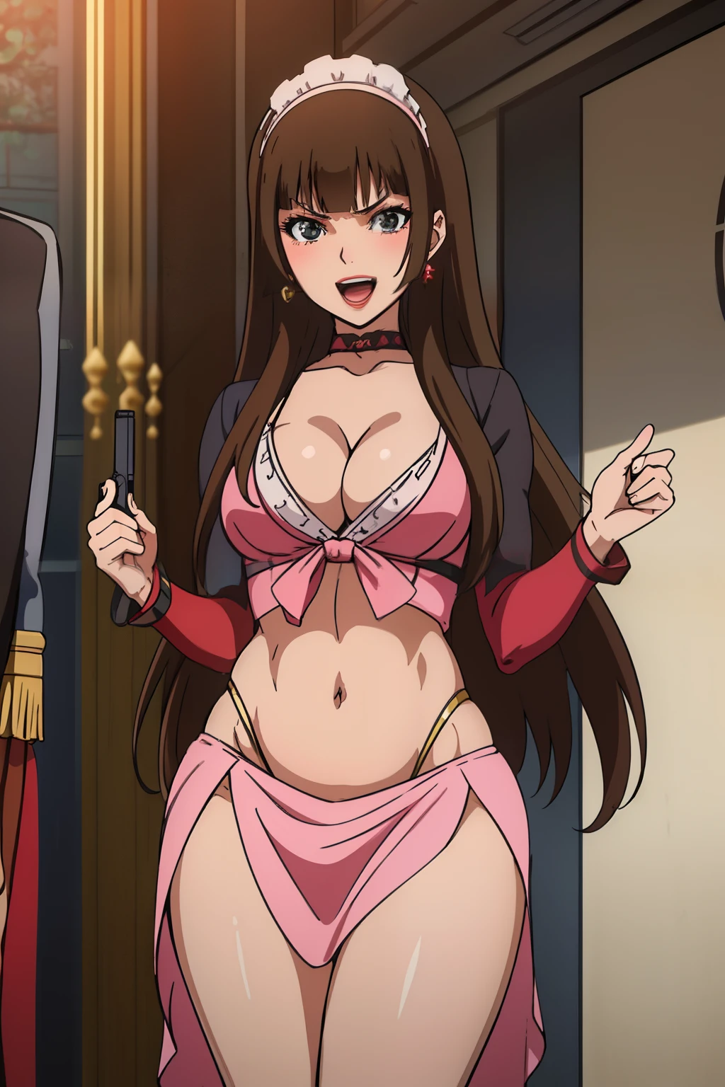 brown hair,long hair,yumi sayaka, blush, lipstick, Hot girl, baddie, staring, glaring, bad attitude, mean girl, crazy, smoking, sensual, attractive, jewelry, earrings, complex detailed background, casino environment, fancy interior environment, rich
interior, masterpiece, best quality, highly detailed, a anime girl in maid uniforms, holding pistol, maid
outfit, cleavage, evil smile, smile, open mouth ,ecchi anime style, anime girls, ecchi style, ecchi, digital
anime art!!, in anime style, official artwork, (nsfw) not safe for work, beautiful anime maid girl, anime
style 4 k, micro skirt, exposed belly, exposed navel, exposed midriff, exposed lower belly, holding a gun