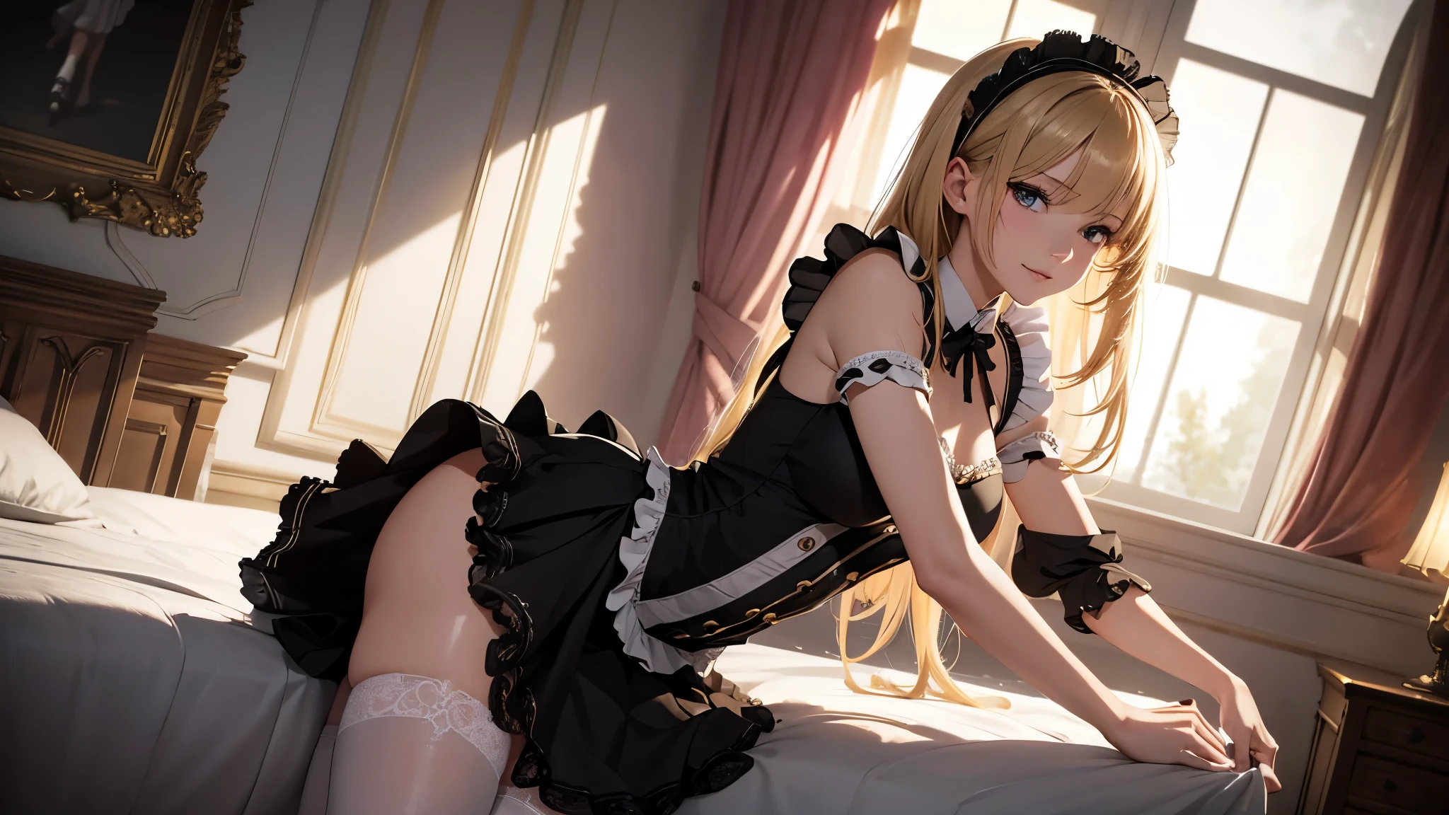 (masterpiece, high resolution,ultra - detailed:1.0),1 girl,Young and beautiful women,eye looking to camera,Perfect female body, , Extremely detailed CG,Unity 8k wallpaper,Complicated details, solo person, (skimpy Maid clothes), French Maid Open Uniform, short skimpy Maid dress, lace stockings, color difference, Depth of field,dramatic shadow, Ray tracing, Best quality, Cinematic lighting, Beautiful young maid, manipulative cunning, sly dominant maid, cruel, deceitful, fake smiles, secretly despite you, blonde