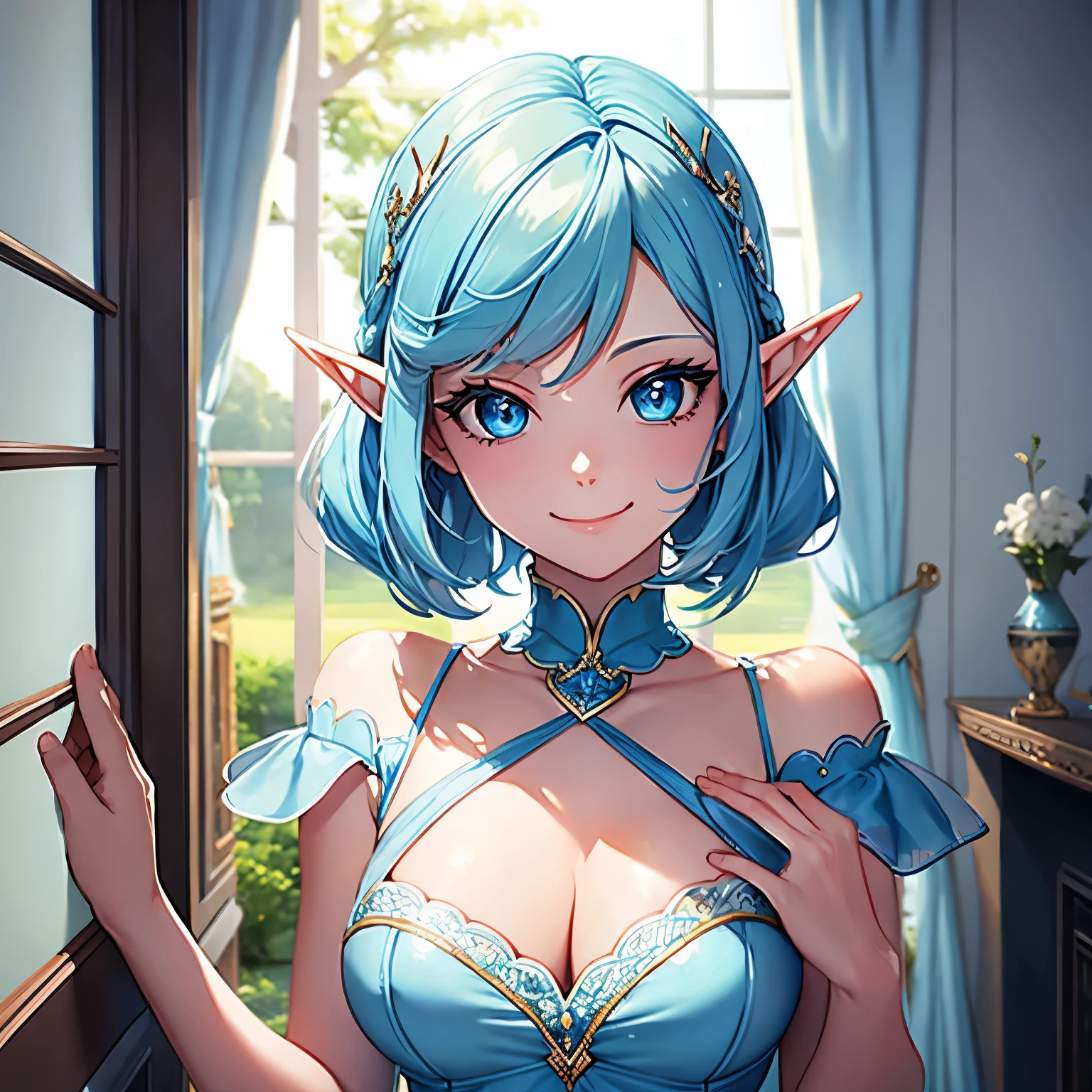 half-elf, light blue hair, blue ballroom dress, smile, blue eyes, done up hair, solo