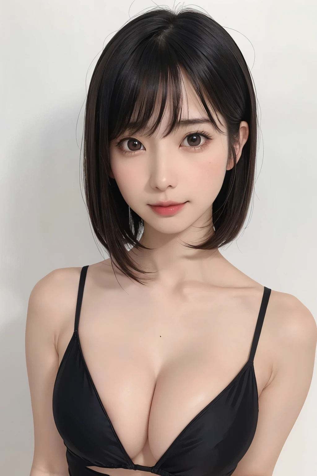 ((masterpiece, Highest quality, High resolution、Everything is beautifully detailed)), 1 girl, (Realistic: 1.4), alone, White Background, snow-White Background, Mouth closed, smile, smile, Beautiful black hair, short hair, Big eyes, Transparent double eyelids, eyelash, Listen carefully, Long neck, 美しくLong neck, Absolute area, ((Face close-up)), (Draw the whole head, shoulder), 19 years old, Attractive proportions, Glowing Skin, Beautiful clavicle, Golden ratio face, Perfect Face, Teardrop-shaped mole, chestのほくろ, bangs, clean bangs, beautiful bangs, Lip gloss, Thin lips, Fair skin, naked, Big Breasts, {Huge|big|Hugeな|Mega} chest, chestの谷間,Small face, Small face, All the heads are painted, shoulder all drawn, Point slightly above the camera