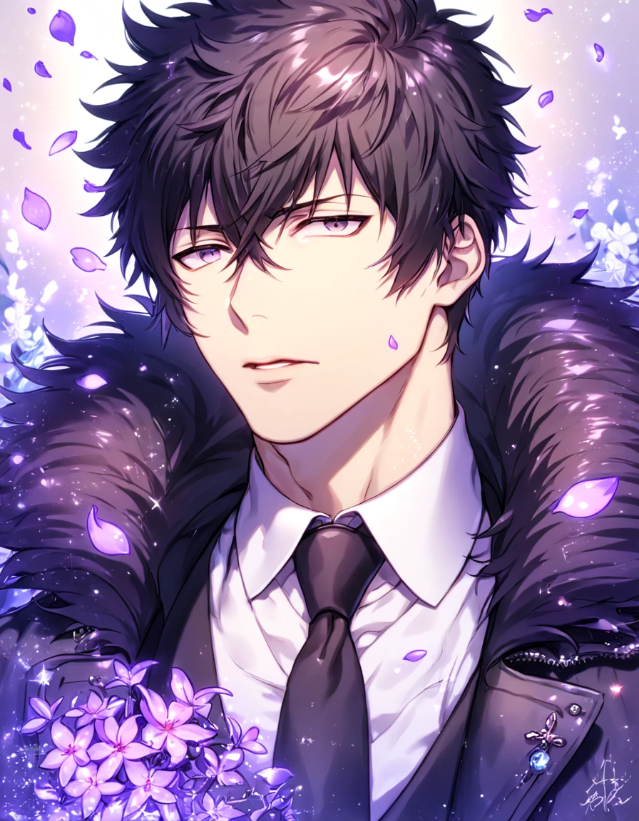 Ultra detailed, HDR, Highres, absurdres, master piece, Kougami Shinya, black hair, expressive gray eyes, black coat with a fur collar, black necktie, white shirt, Psycho Pass, sexy man, handsome, purple flowers, petals, fantasy, magical, purple leaves, handsome, best quality, glittering, manly man, sensual, horny, water, purple shining fireflies,