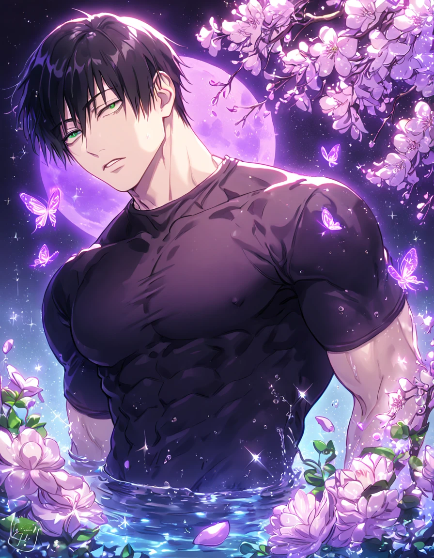 absurdres, highres, ultra detailed, HDR, master piece, best quality, Fushiguro Touji, straight black hair, expressive green eyes, Jujutsu Kaisen, solo, sexy man, handsome, sensual, horny, black tight T-shirt, water, fantasy, magical, shining, purple flowers, blossoms, purple petals, purple butterflies, sparkling, purple moon, starry sky, manly man