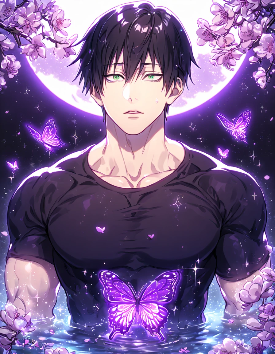 absurdres, highres, ultra detailed, HDR, master piece, best quality, Fushiguro Touji, straight black hair, expressive green eyes, Jujutsu Kaisen, solo, sexy man, handsome, sensual, horny, black tight T-shirt, water, fantasy, magical, shining, purple flowers, blossoms, purple petals, purple butterflies, sparkling, purple moon, starry sky, manly man