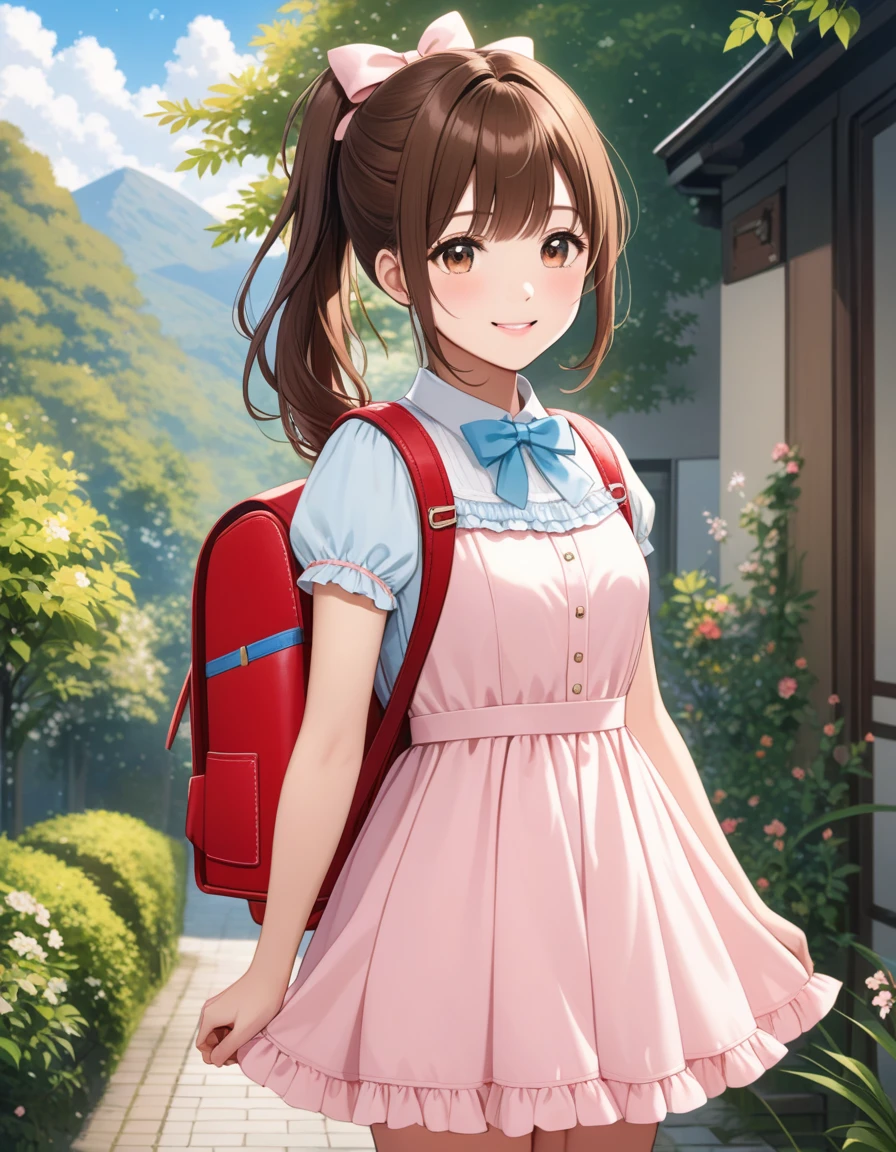 Masterpiece, hd, 1girl, brown hair, ponytail, hair ribbon, wearing cute dress, frilled dress,  dress, bowtie, standing, outdoor, smile, wearing randoseru backpack,(backpack:1.2)