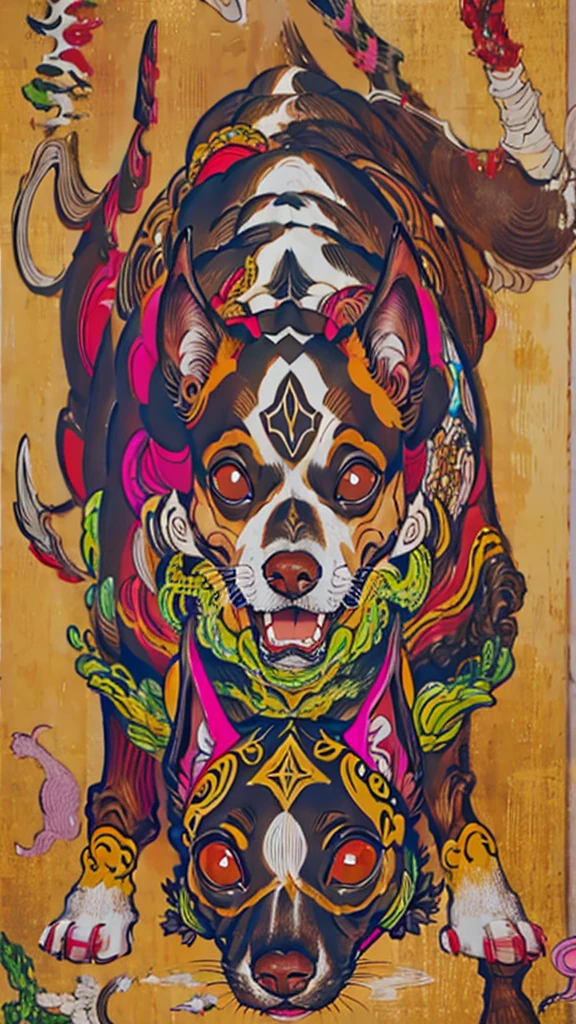 (masterpiece: 1.2, Highest quality),Chihuahua sitting on a Ouija board,Dog with a Ouija board、Japanese painting, rough sketch, Horror elements,