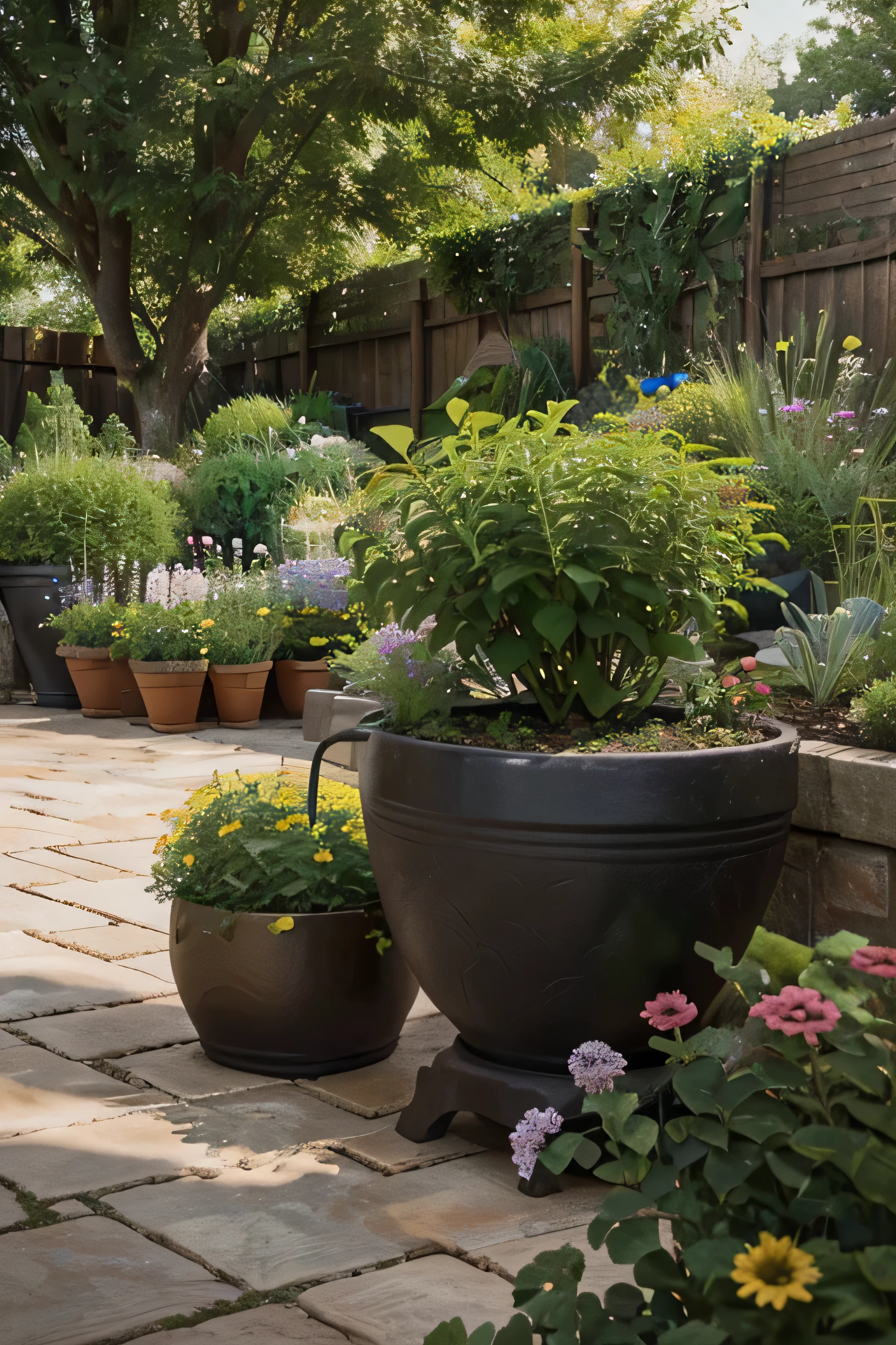 image with a realistic style that reflects everything related to landscaping and gardening and other products such as pots, gardening set etc for plant lovers of different ages. panoramic image
