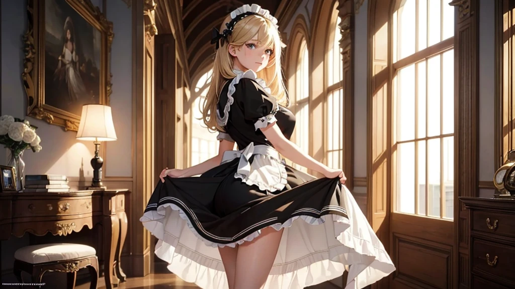 (masterpiece, high resolution,ultra - detailed:1.0),1 girl,Young and beautiful women,eye looking to camera,Perfect female body, , Extremely detailed CG,Unity 8k wallpaper,Complicated details, solo person, (skimpy Maid clothes), French Maid Open Uniform, short skimpy Maid dress, lace stockings, color difference, Depth of field,dramatic shadow, Ray tracing, Best quality, Cinematic lighting, Beautiful young maid, manipulative cunning, sly dominant maid, deceitful, fake smiles, blonde