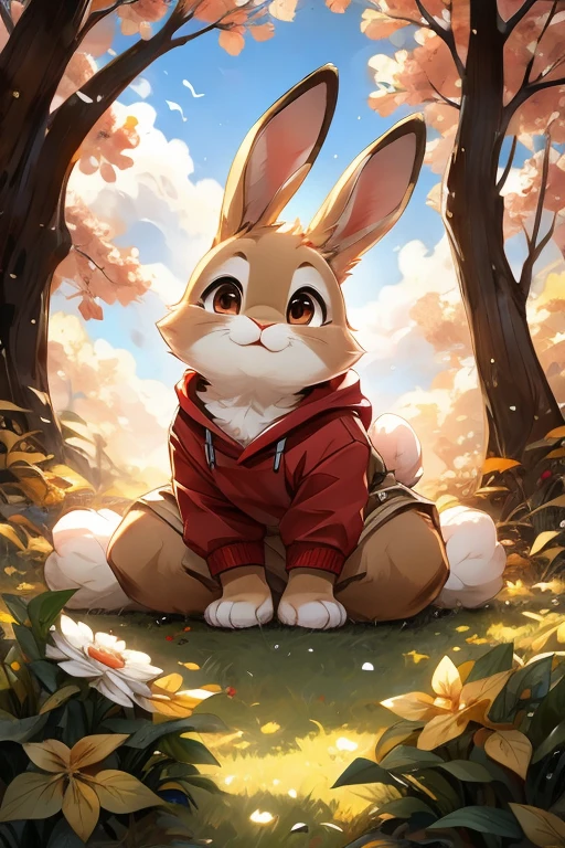 A rabbit,Khaki fur color、White and red together