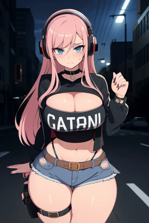 20 year old woman, busty, bubble butt, hourglass figure, skinny, blushing, frustrated expression, horny, seductive, long hair, wavy hair, wearing headphones, tshirt, cropped jacket, hotpants, belt, tights, heeled boots, tight fitting clothing, middrift, cleavage, anime, city at night, outside, headphones, punk, punk style, punk hair, doujin style, manga, flat colours