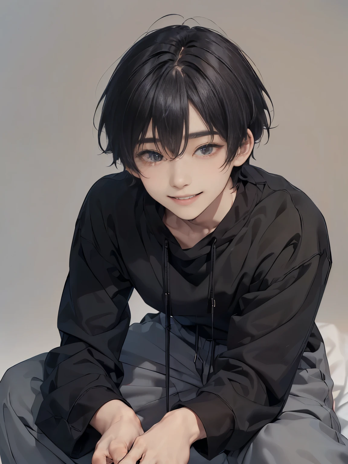 Masterpiece,best quality, one Japanese boy, 20 years old,(tall and thin,sleepy droopy eyes, long face, (thin cheeks:1.2),(black shaggy short hair, smile:1.5),(plain gray sweatshirt on top and bottom, long sleeves, long pants, bare feet:1.5),(Plain background:1.5),