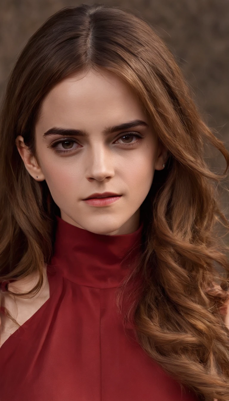 (Emma Watson), no bra, pokies, (Sexy Red Slit Dress) fluffy, low cut neckline, seductive, cowboy shot, 8k, (very thin waist:1.3), bare breasts, big breasts:1.5, (Long Hair:2.0), wave, soft skin, long hair in the wind, Lake