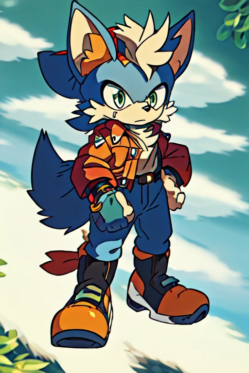 ((work of art), high qualiy, detailded) wolves, mascle, mobian, deep blue fur color, golden band across his chest and legs, emerald green eyes, red bandana on head. brawny, Athletic, sharp hairs, curved back in an elegant and imposing shape. black leather jacket with silver details and a series of golden stars on the shoulders, red running boots with gold details. arms adorned with metallic bracelets, a belt that carries a small pouch, confident stance, Determined gaze, courageous nature