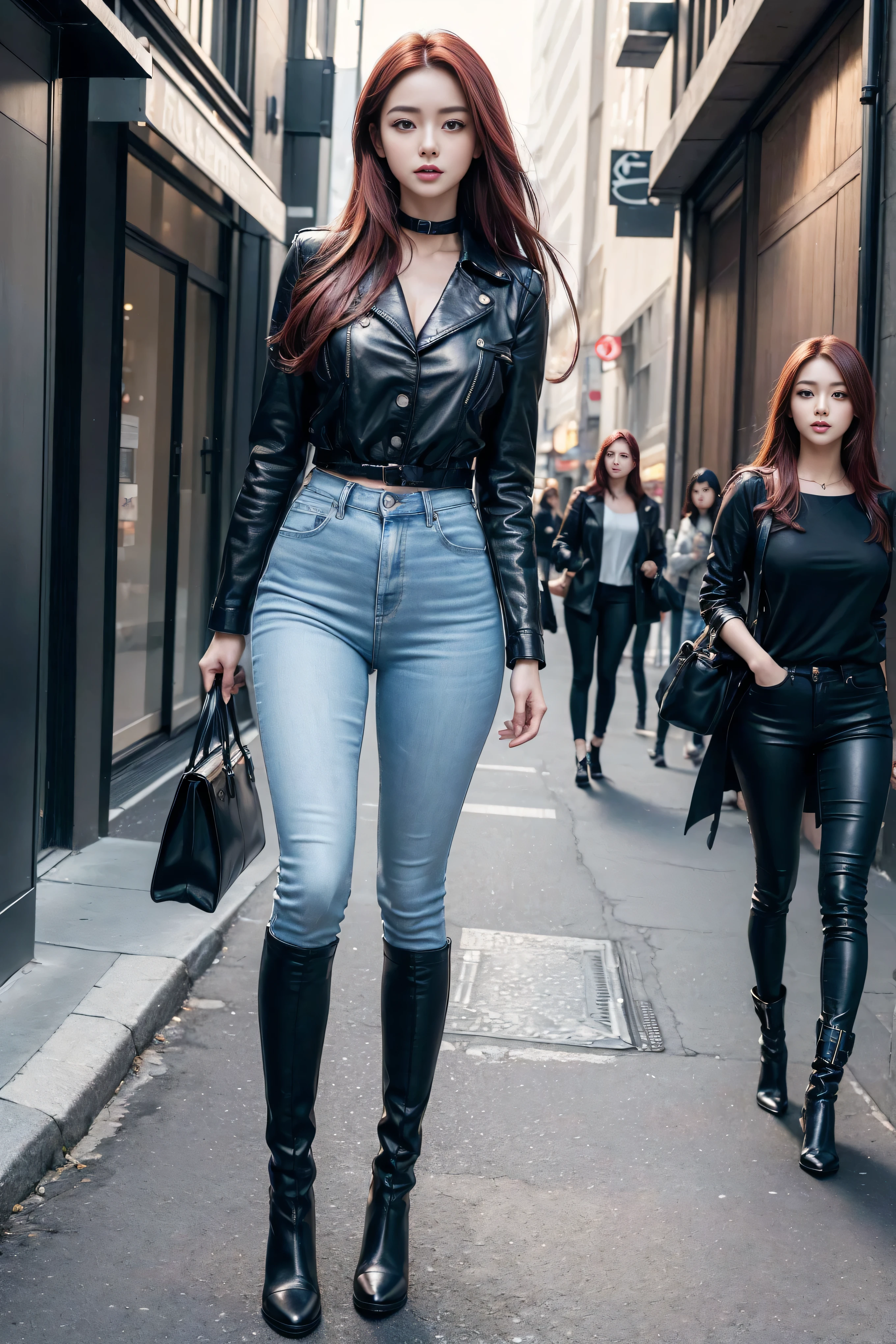 ((Realistic lighting, best quality, 8K, masterpiece:1.3)), Lock focus:1.2, 2 girls, Beautiful Women in Perfect Shape:1.4, : Beautiful Korean girl, Korean Idol,Leg length,(Pale skin), (big eyes),(Smile:0.8),(Plump and sexy lips), Complex and detailed face, ((Super delicate skin)),Delicate face,Super thin face,Squinting,Double eyelids,((Dark red hair)), (Open collar shirt),Background Shibuya street,Large depth of field,Super thin face,Squinting,Double eyelids,(Start from below:1.attitude,(Medium chest:1.2),Sexy long legs, (Thigh gap:1.5),Wide hips,S-Shaped Body, Hip lift,Leg length,Light blue skinny jeans,Full body proportions from the front,Long over-the-knee leather boots,